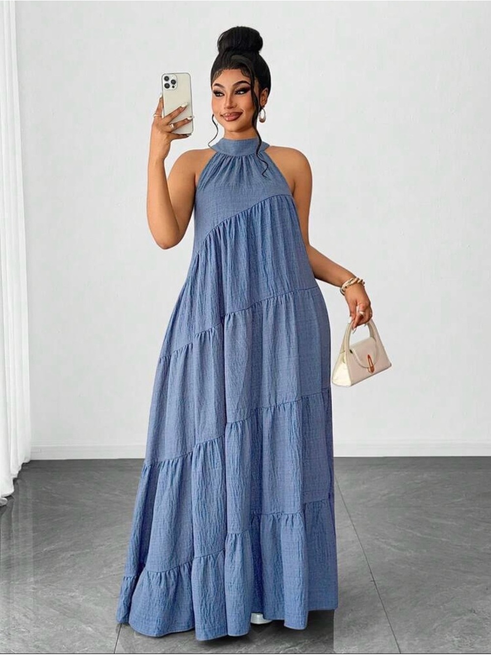SHEIN Blue Halter Tiered Maxi Dress